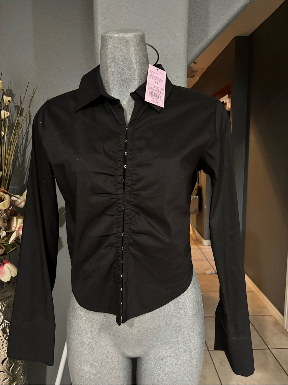 wild fable Black Ruched Button-Down Shirt